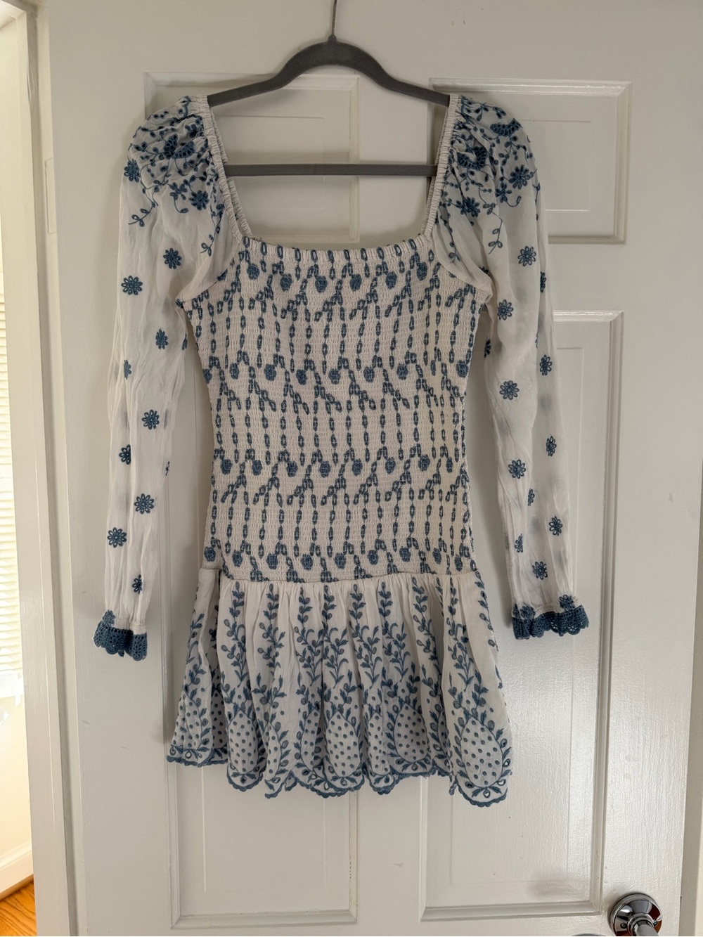 LoveShackFancy Women's White Jayce Smocked Dress with Blue Embroidery